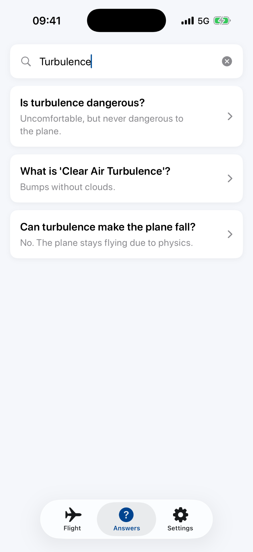 FlyCalm Q&A screen showing answers about turbulence