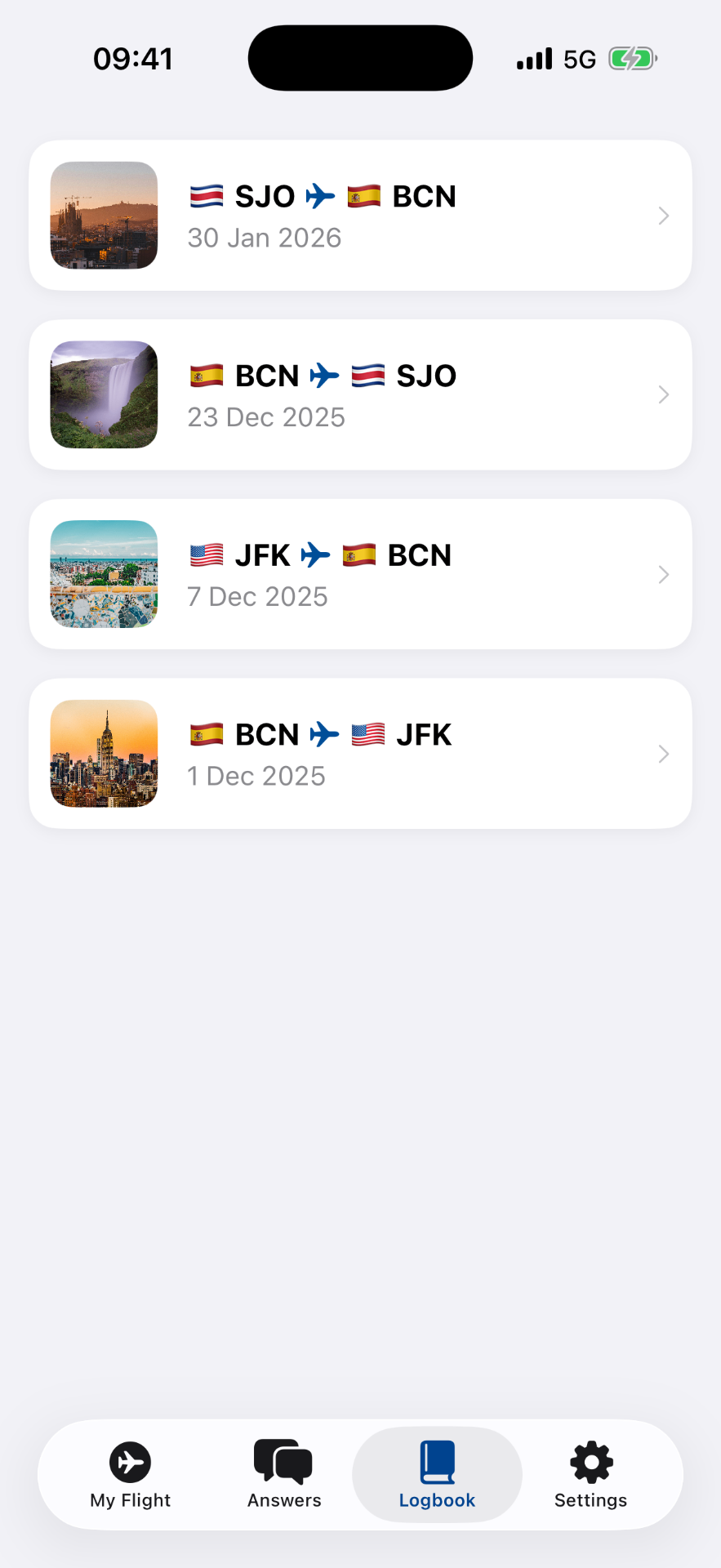 FlyCalm logbook screen showing past flights